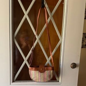 Multicolor Woven Crescent Crossbody with Brown Trim